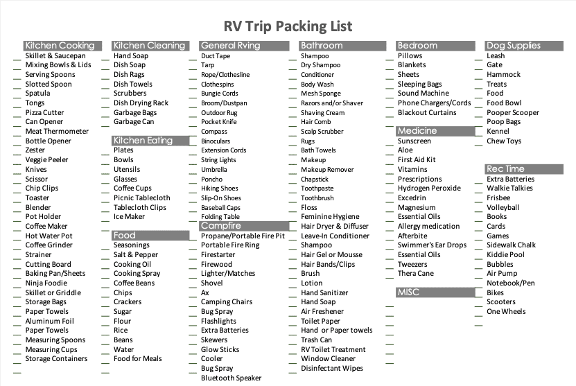 excel rv packing list